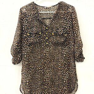 Leopard Print Sheer Blouse with Pocket Detail